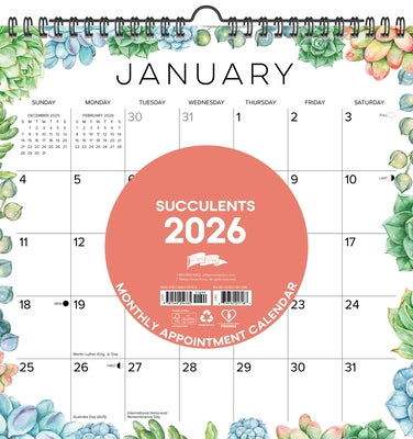 Succulents 2026 12 X 12 Spiral Wall Calendar by Willow Creek Press