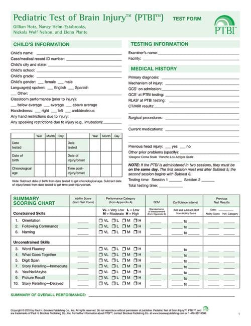 Pediatric Test of Brain Injury(tm) (Ptbi(tm) ) Test Form by Hotz, Gillian