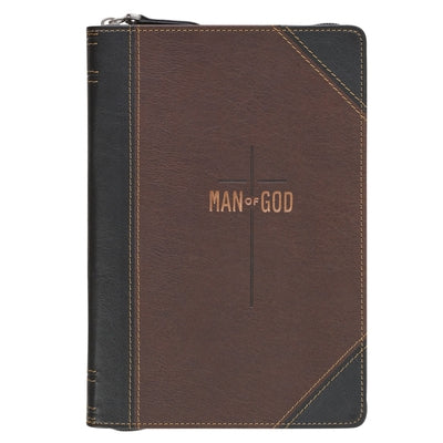 Christian Art Gifts Inspirational Zippered Journal, Man of God Wide Ruled Notebook, 1 Tim. 6:11 Bible Verse, Two Tone Brown/Black Vegan Leather, 336 L by Christian Art Gifts