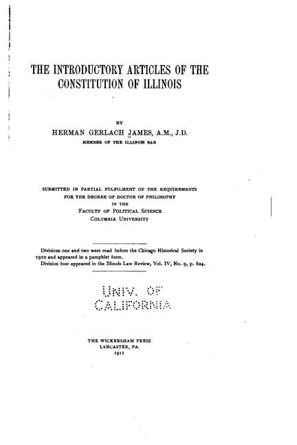 The Introductory Articles of the Constitution of Illinois by James, Herman Gerlach