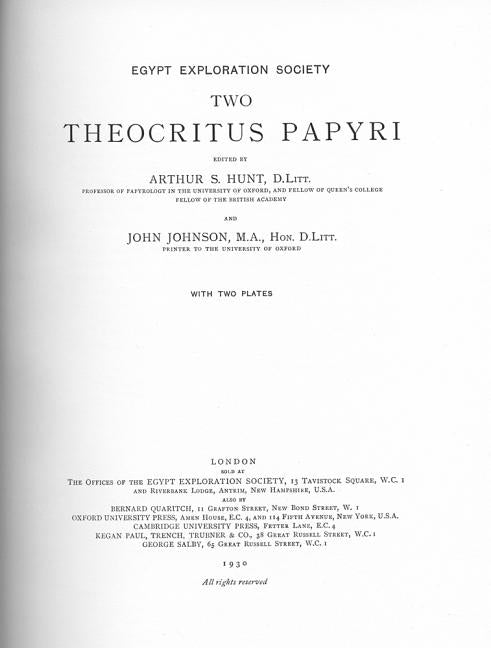 Two Theocritus Papyri by Hunt, Arthur S.