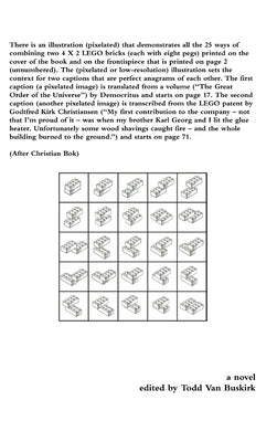 There is an illustration (pixelated) that demonstrates all the 25 ways of combining two 4 X 2 LEGO bricks (each with eight pegs) printed on the cover by Van Buskirk, Todd