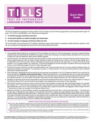Test of Integrated Language and Literacy Skills(tm) (Tills(tm)) Quick Start Guide by Nelson, Nickola