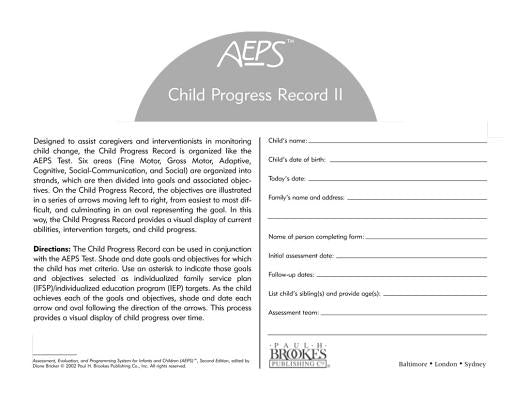 Assessment, Evaluation, and Programming System for Infants and Children (Aeps(r)), Child Progress Record II: Three to Six Years by Bricker, Diane