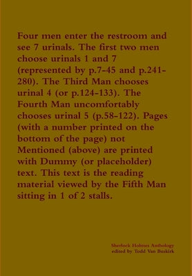 Four men enter the restroom and see 7 urinals. The first two men choose urinals 1 and 7 (represented by p.7-45 and p.241-280). The Third Man chooses u by Van Buskirk, Todd