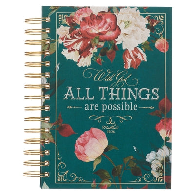 Christian Art Gifts Journal W/Scripture for Women with God All Things Mathew 19:26 Bible Verse Teal/Roses 192 Ruled Pages, Large Hardcover Notebook, W by Christianart Gifts