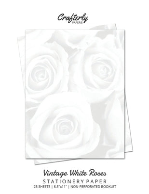 Vintage White Roses Stationery Paper: Cute Letter Writing Paper for Home, Office, 25 Count, Floral Print by Crafterly Paperie