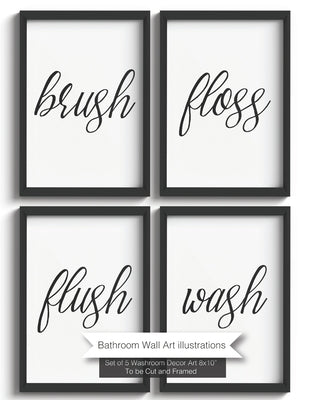Bathroom Wall Art illustrations: Set of 5 Washroom Decor Art 8x10"- Flush, Floss, Brush, Wash - To be cut out of the book and framed by Style, Creaty