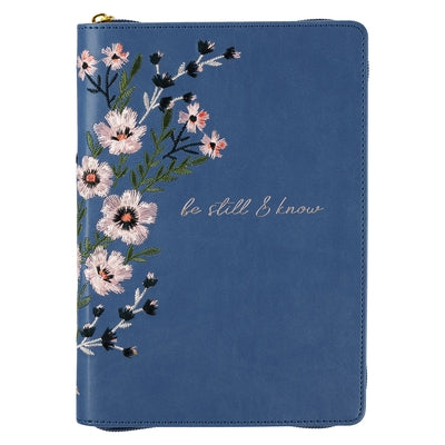 Classic Faux Leather Journal Be Still & Know Psalm 46:10 Blue Floral Embroidered Inspirational Notebook, Lined Pages W/Scripture, Ribbon Marker, Zippe by Christian Art Gifts