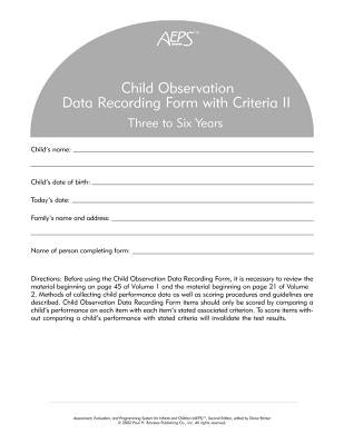 Assessment, Evaluation, and Programming System for Infants and Children (Aeps(r)), Child Observation Data Recording Form II: Three to Six Years by Bricker, Diane