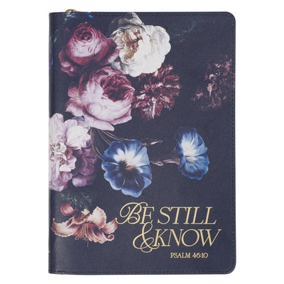 Christian Art Gifts Navy Blue Vegan Leather Zipped Journal, Inspirational Women's Notebook Be Still Scripture, Flexible Cover, 336 Ruled Pages, Ribbon by Christian Art Gifts