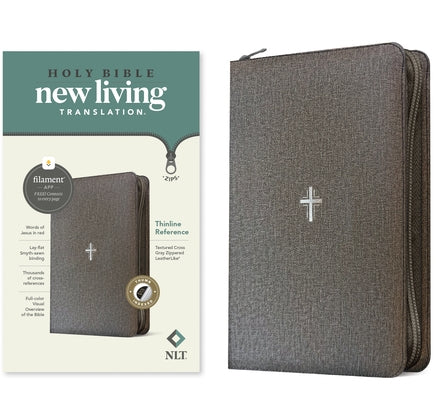 NLT Thinline Reference Zipper Bible, Filament Enabled (Leatherlike, Textured Cross Gray, Indexed, Red Letter) by New Living Translation